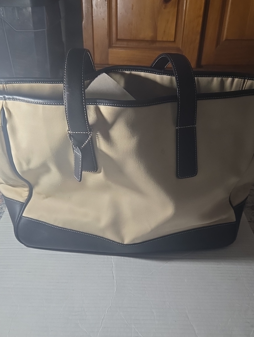Coach  Canvas Tote Bag with Dark Brown Trim - Beige